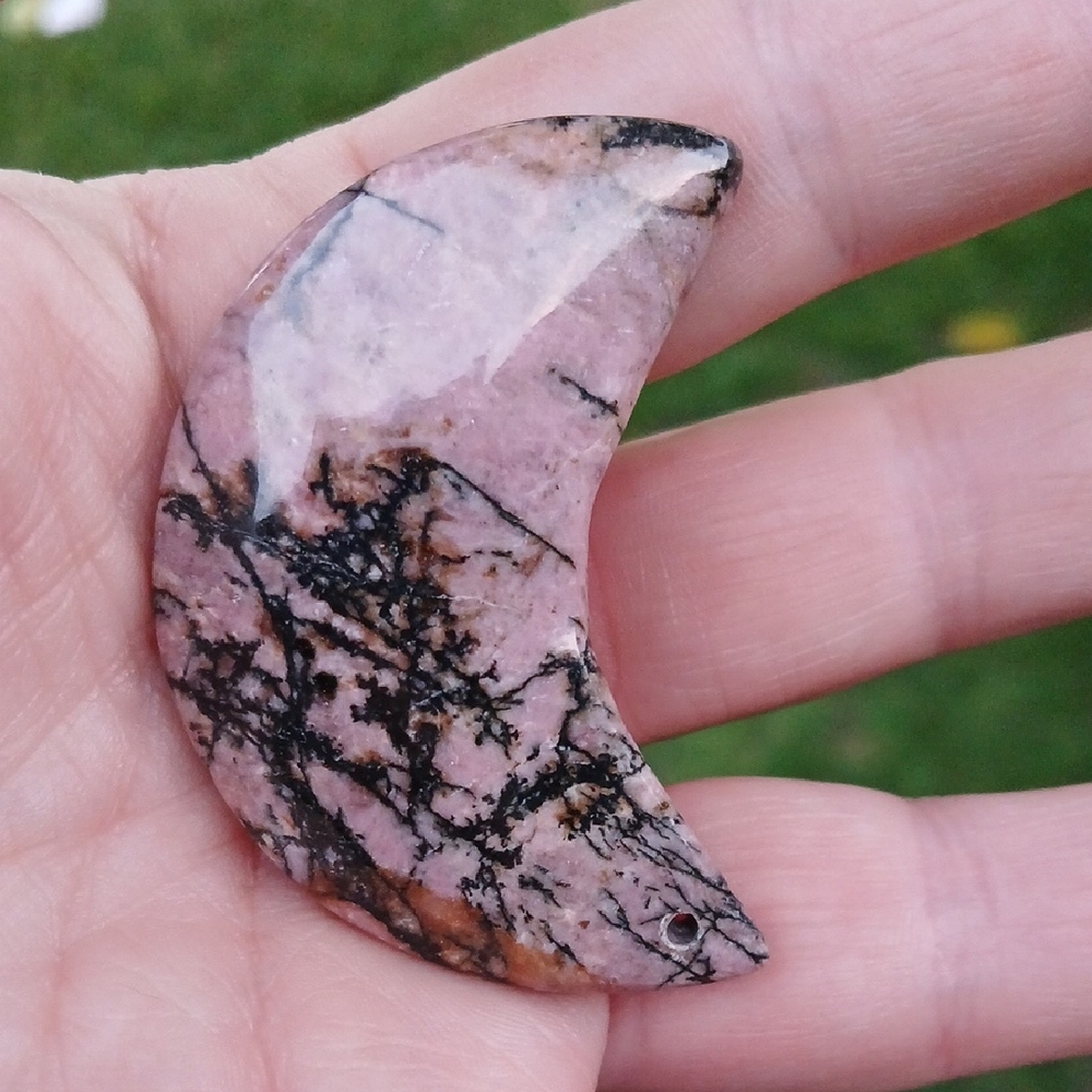 New Pink Rhodonite Carved Crescent Moon Pendant.